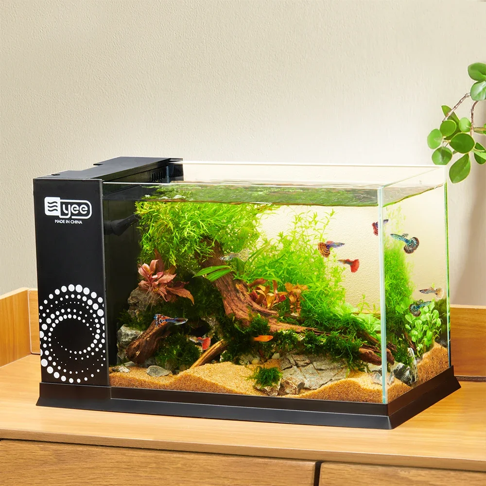 Yee factory wholesale ultra-transparent white glass fish tank desktop aquarium with aquarium accessories internal filter