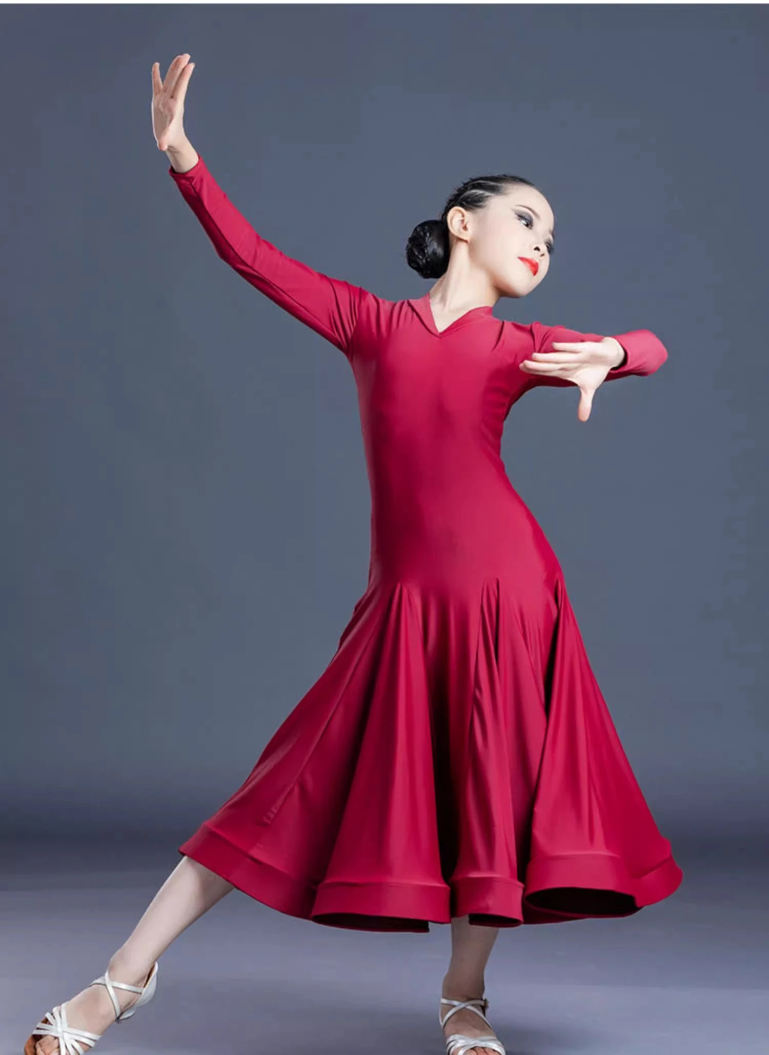 2025 어린이 볼룸 댄스 대회 의상 소녀용 와인 레드 바디수트 빅 스윙 스커트 수트 왈츠 모던 드레스