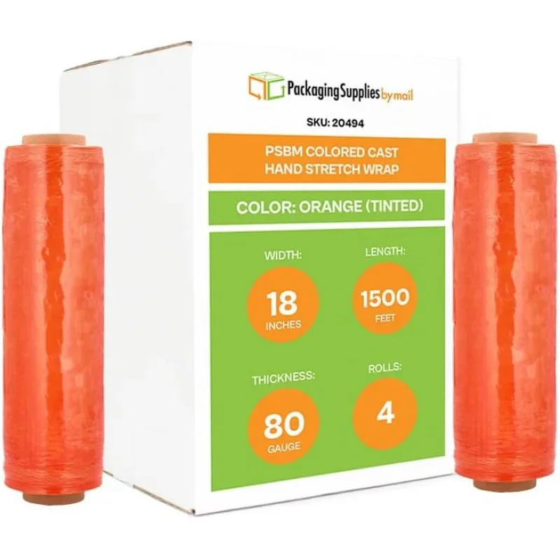 Orange Stretch Wrap, 4, 18 Inch x 1500 Feet, 80 Gauge, Tinted/Transparent Hand Stretch Film Rolls Packaging Moving