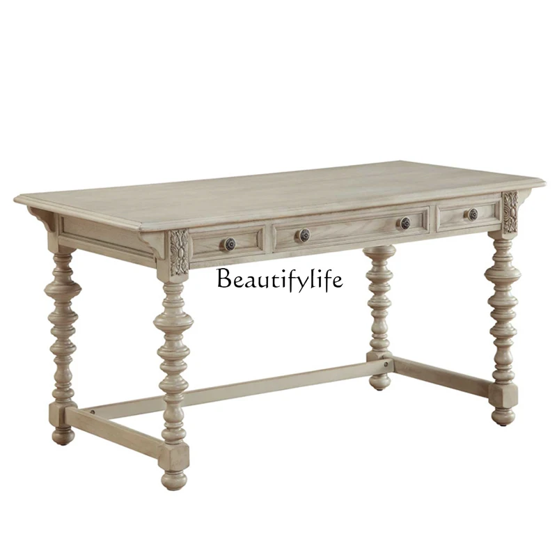 

05-*American white old retro desk solid wood straight writing desk study table