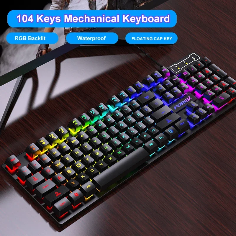 

104 Keys Mechanical Keyboard Wired Gaming Keyboard for Laptop Desktop Ergonomics RGB Backlit LED Keycaps PC Accessories