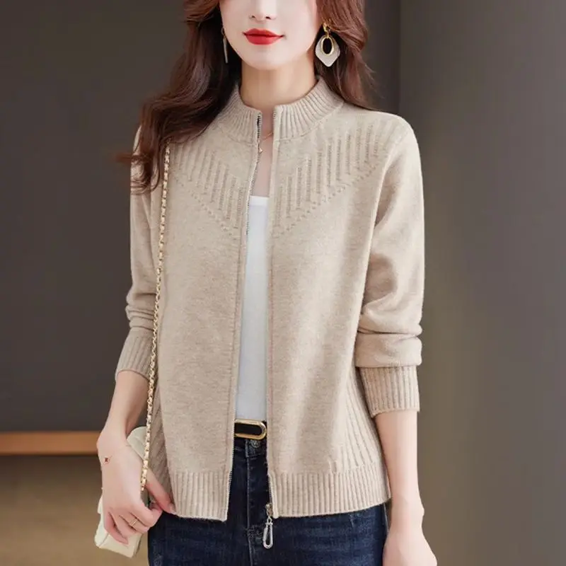 

Spring Autumn Women New Sweater Coat Solid Stand Collar Zippers Korean Fashion Casual Long Sleeve Loose Knitted Cardigan Tops