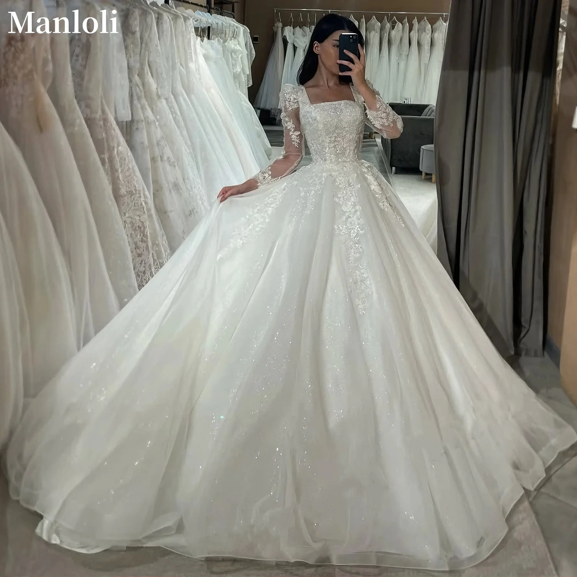 

Элегантное свадебное платье принцессы с квадратным воротником, трапециевидное платье с кружевной наклейкой, платье невесты с длинными рукавами, плотный корсет, тюлевое свадебное платье на заказ