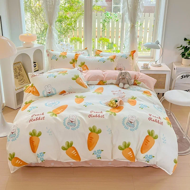 Cute Cartoon Carrot Comforter Cover for Girls Boys Teens Reversible Duvet Covers Queen Size 3 Pcs, Rabbit Printed Bedroom Decor