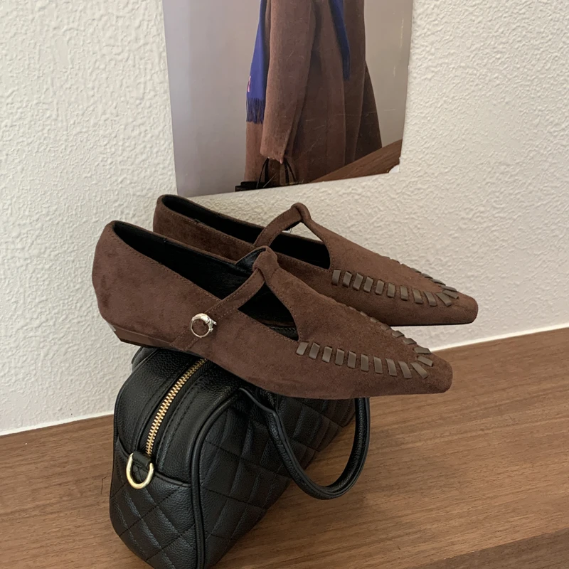 

Shoes woman buckle t-strap pumps narrow band wedge loafers vintage square toe shallow slides fashion low heels mules black brown