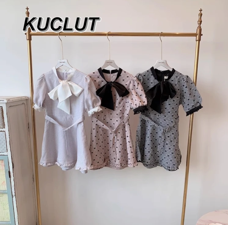 

Vintage Sweet Bow Plaid Women's Short Sleeve Dress Big Bow Decoration Versatile Skinny Commuter Casual Elegant Dresses Femme