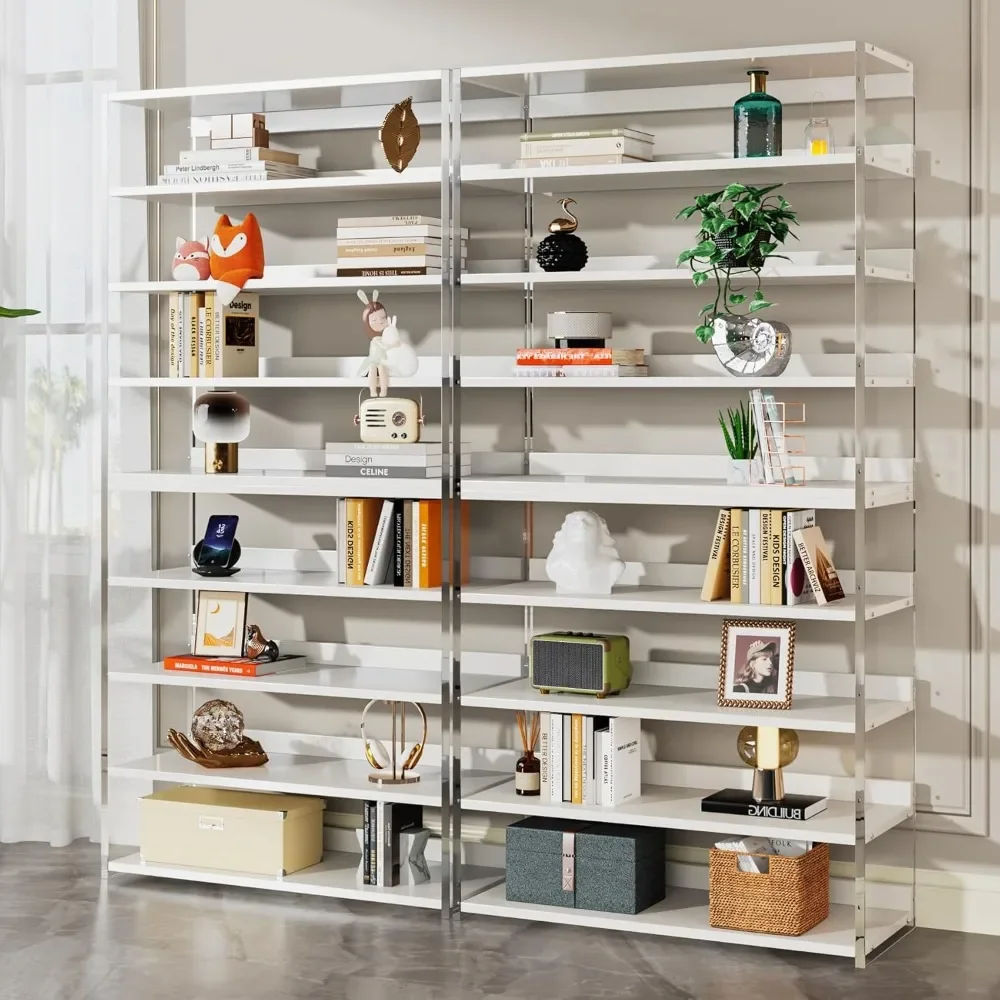 

8-Tier Acrylic Bookshelf Set of 2, Modern Bookcase with Wood Shelves, 63" Display Storage Rack for Living Room, Bedroom