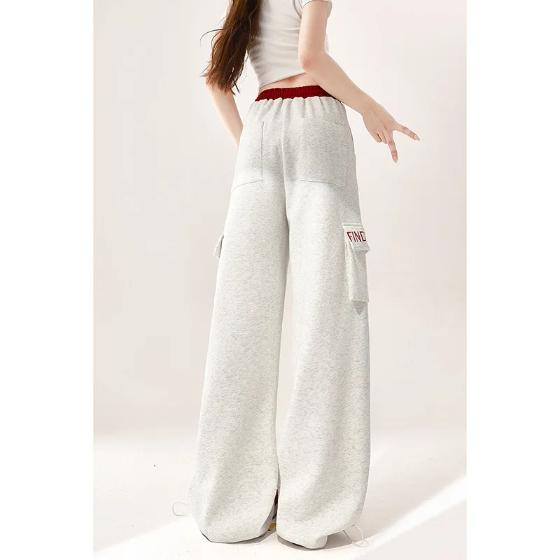 Grey Workwear Style Sports Sweatpants For Women In Summer Thin Elastic Waistband Straight Leg Casual Loose Wide Leg Pants