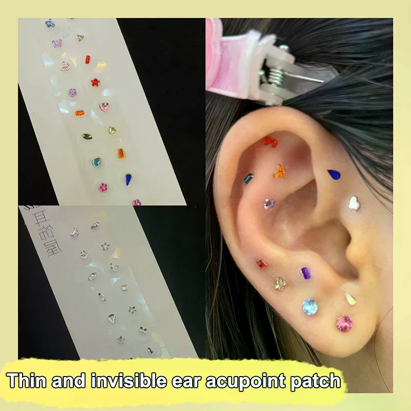 Pegatinas Auriculares de Acupresión YOV/Fashion con Lazo, Perlas de Imitación Coloridas y Piedras de Estrás para Masaje Auricular