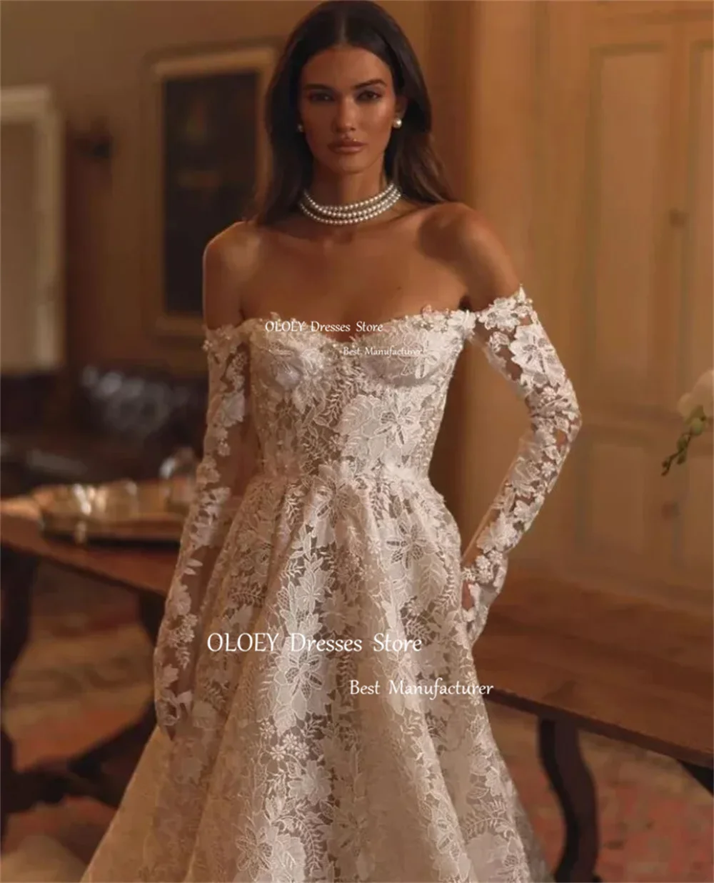 OLOEY Exquisite Sweetheart abito da sposa in pizzo con spalle scoperte maniche lunghe abito da sposa lunghezza del pavimento bottone con Zip su misura indietro