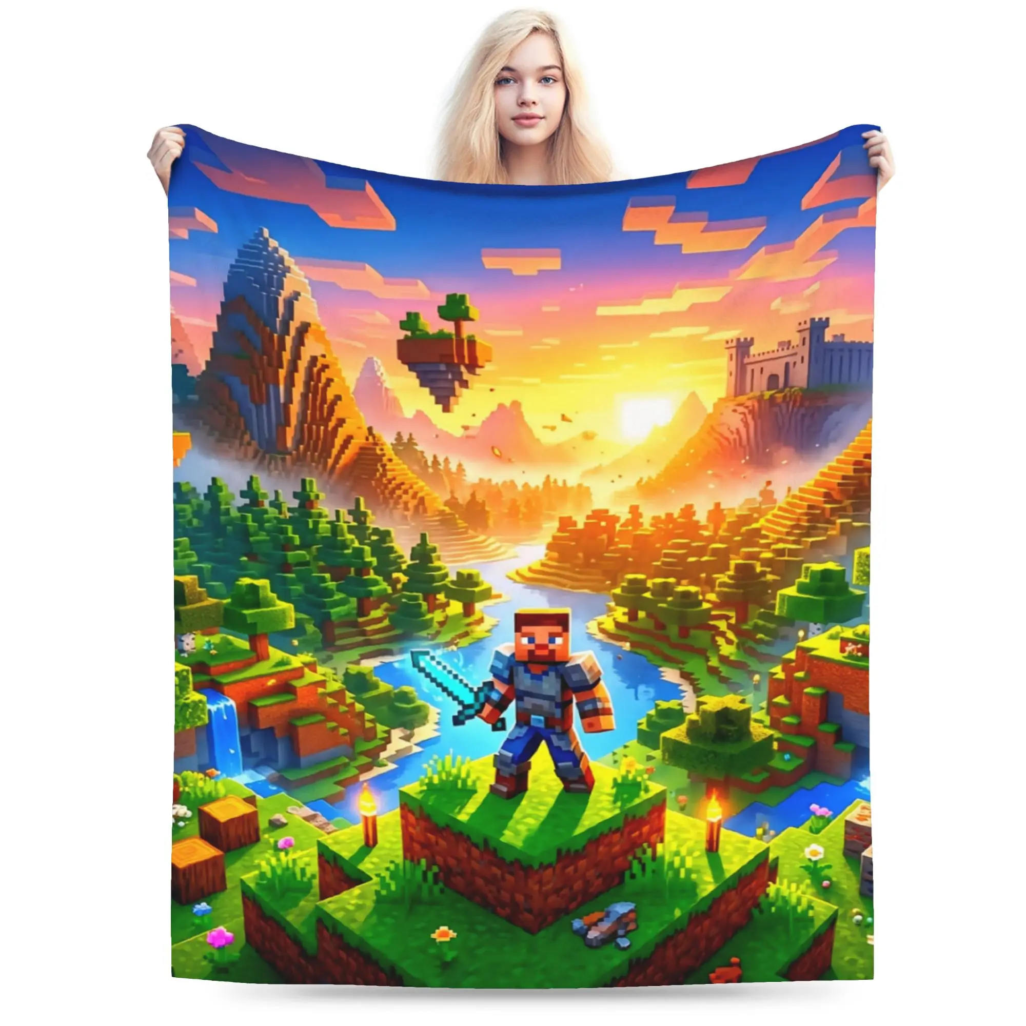Soft Blankets Picnic M-Minecrafts Mob Face Grid Throw Blanket  Flannel Bedspread For Bedroom Pattern Sofa Bed Cover