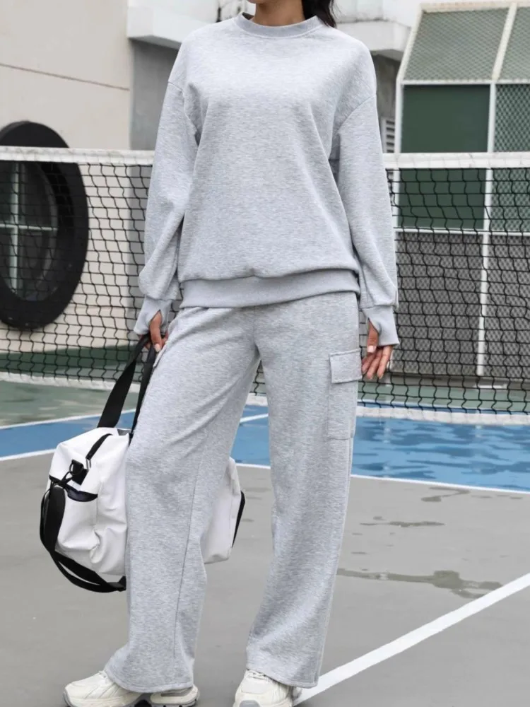 

Casual Sports Hoodie 2 Piece Sets Lady Fashion Long Sleeve O Neck Loose Tops+Wide Leg Pants Set For Women Autumn Streetwear New