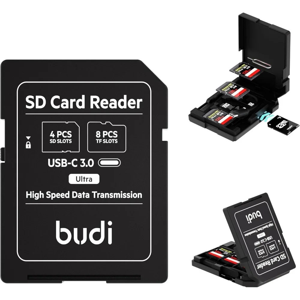 

BUDI SD TF Memory Card Storage Case Reader with 12 Card Slots USB Type-C High Speed Data Transmission for Digital Photography