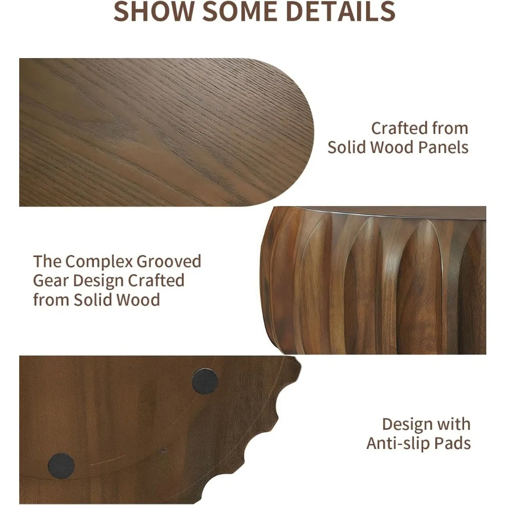 31.5 Drum Coffee Table Modern Unique Fluted Tea  Contemporary Wood Round Coffee  with Fluted Centry for Living