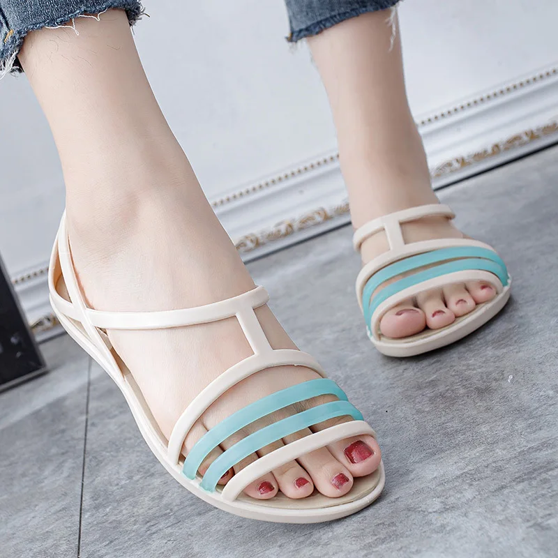Women Jelly Shoes Rianbow Summer Sandals Female Flat Shoe Casual Ladies Slip On Woman Candy Color Peep Toe Beach Shoes