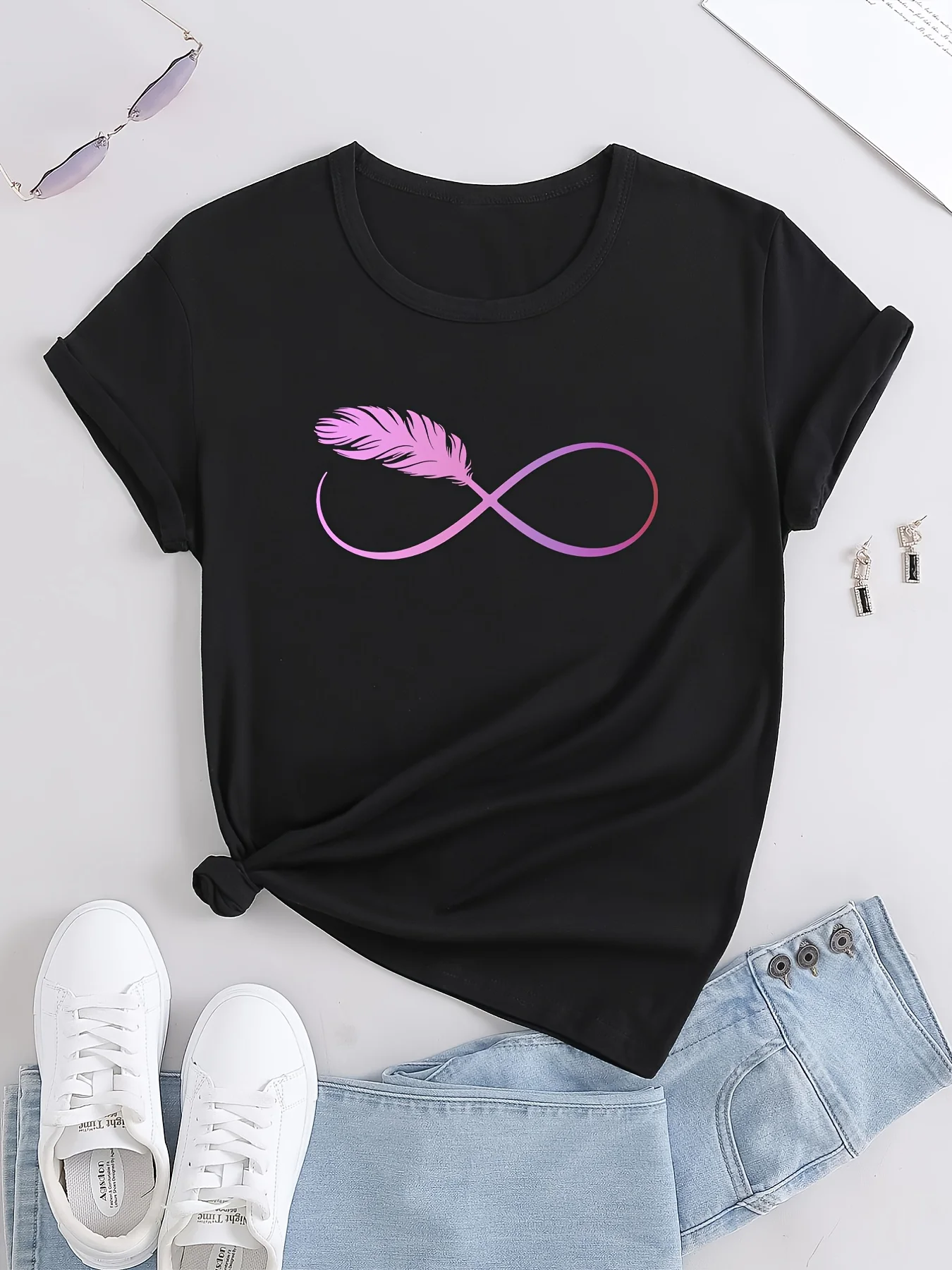 Casual Women's Clothing Summer T-Shirt with Gradient Pink Infinity Symbol Pattern Summer Harajuku Short Sleeved Free Shipping