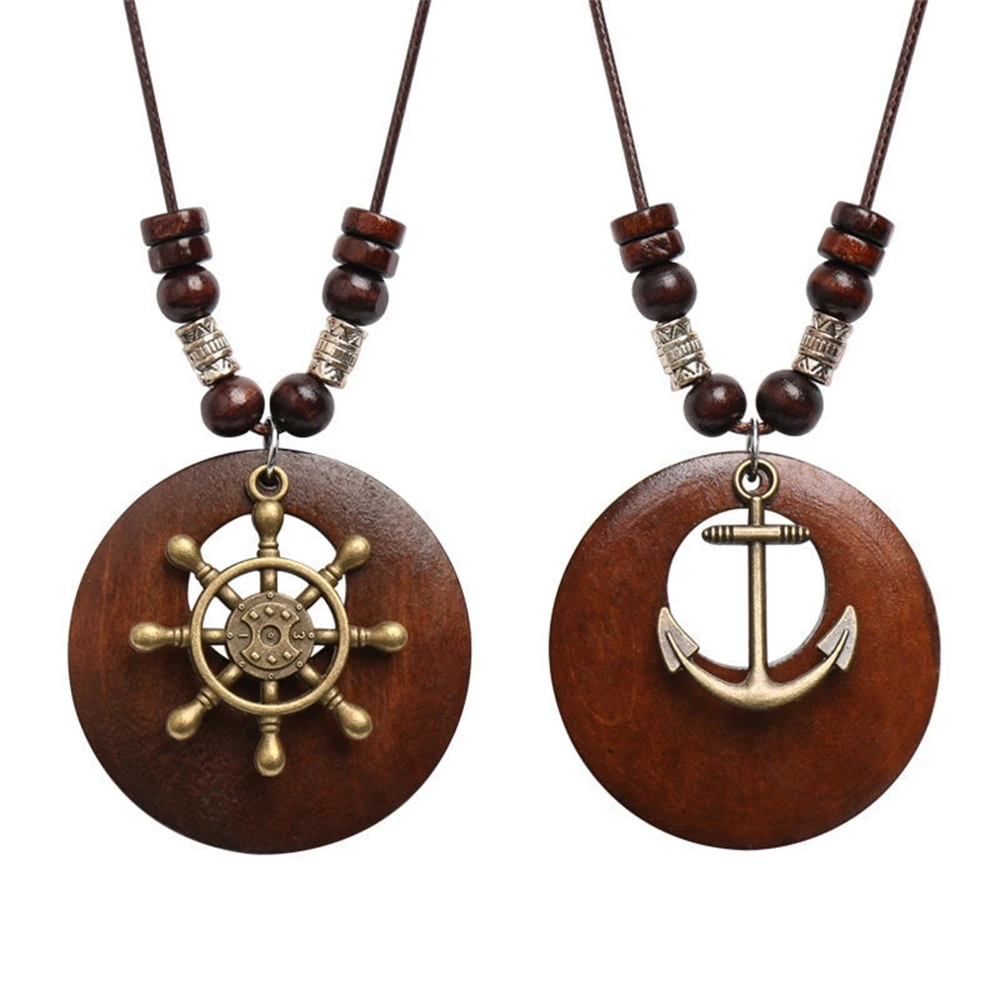 Vintage Folk Style Wooden Beads Pendant Necklace For Women Choker Long Wax Thread Zinc Alloy Sweater Dress Necklace