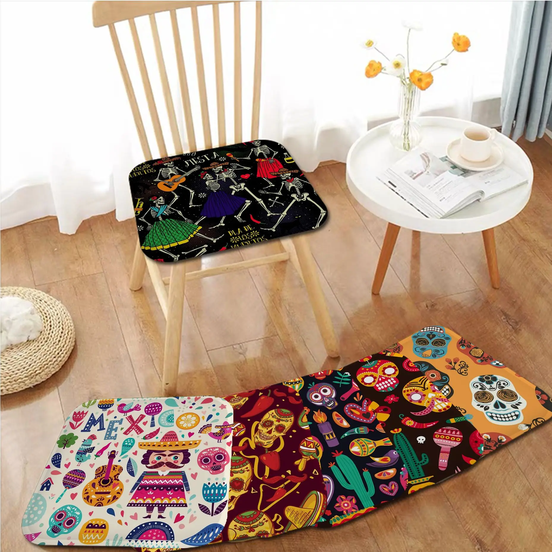 Mexico Day Of The Dead Nordic Printing Stool Pad Patio Home Kitchen Office Chair Seat Cushion Pads Sofa Seat 40x40 Chair Mat Pad