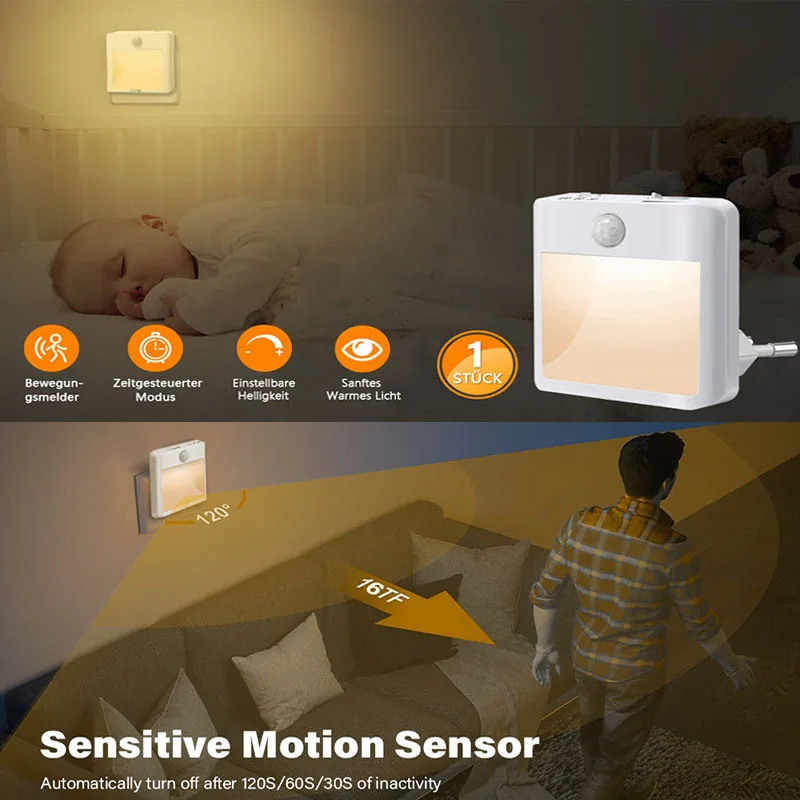 Luces LED nocturnas con Sensor de movimiento para dormitorio de niños, Sensor automático de atardecer al amanecer, lámpara regulable para escalera, armario, mesita de noche y cocina