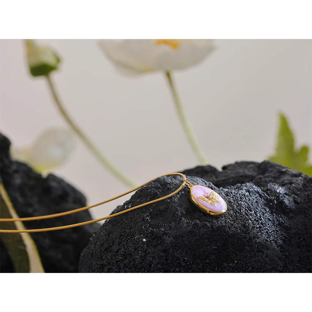 Yhpup Pink Enamel Butterfly Gilding Geometric Pendant Stainless Steel Collar Fashion Necklace for Women Korean Chic Jewelry Gift