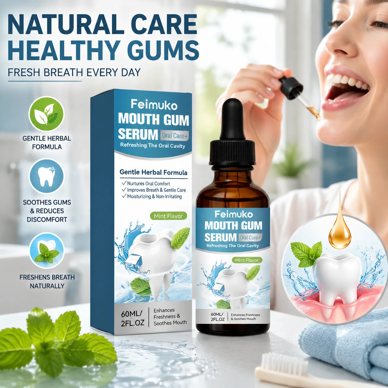 Herbal Gum Repair Serum Feimuko Mint Mouth Gum Serum Gentle Non-Irritating Improve Bad Breath Refresh Oral Cavity Oral Care