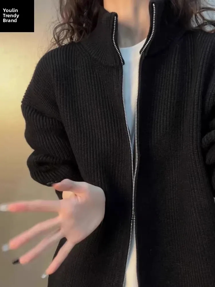 

Мужской кардиган в американском ретро-стиле с двойной молнией, утепленный, осенне-зимний, с воротником-стойкой, премиум-класса, для повседневной носки