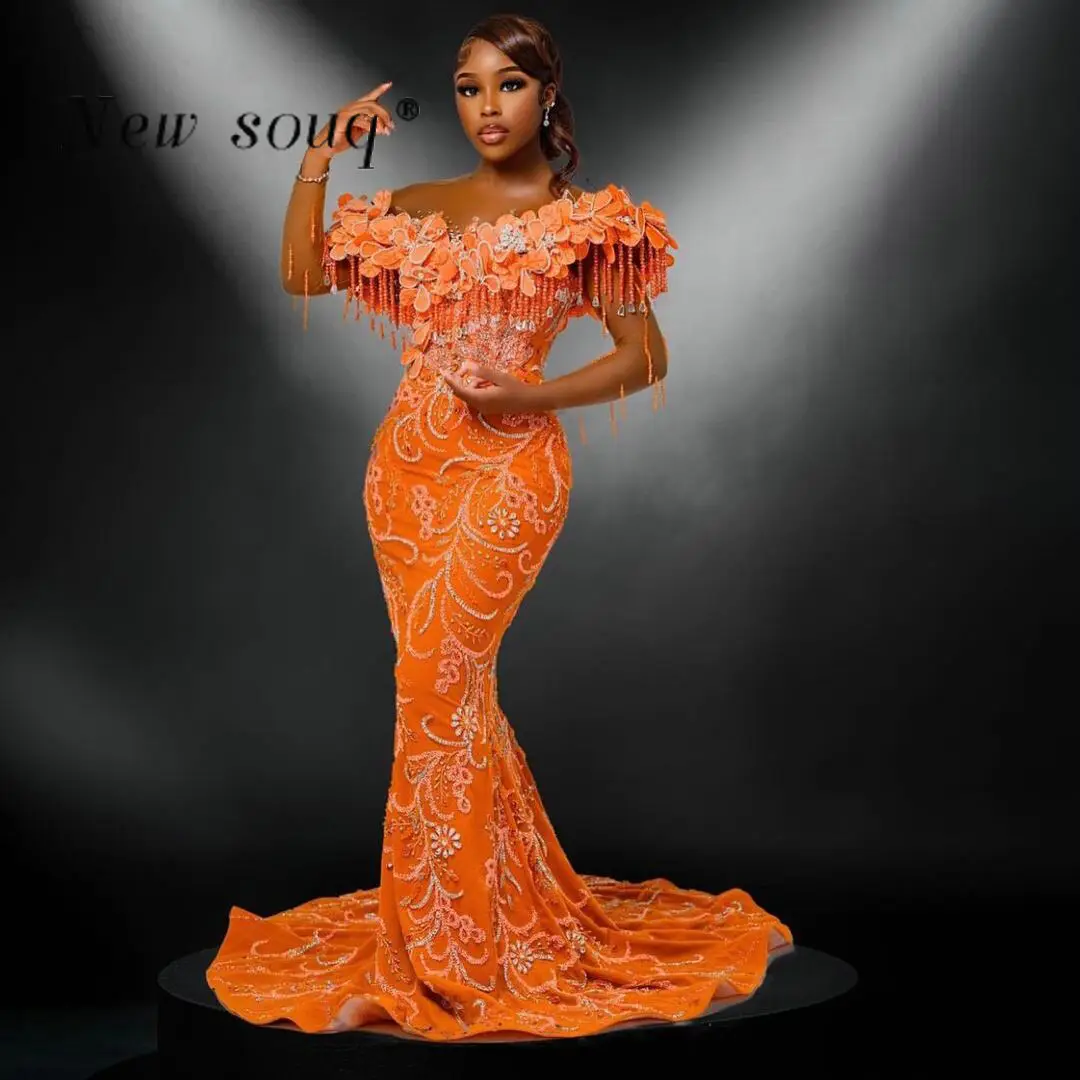 Nigerian Black Women Orange Mermaid Prom Dresses Crystals Beading Sheer Long Sleeves Asoebi Wedding Evening Party Gowns