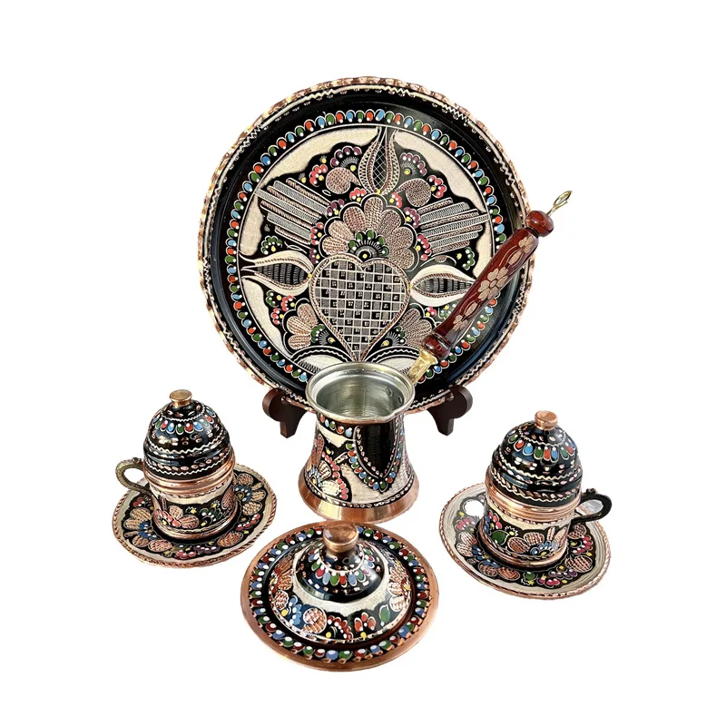 

Imported copper pure handmade enamel coffee cup set, hand-brewed coffee pot