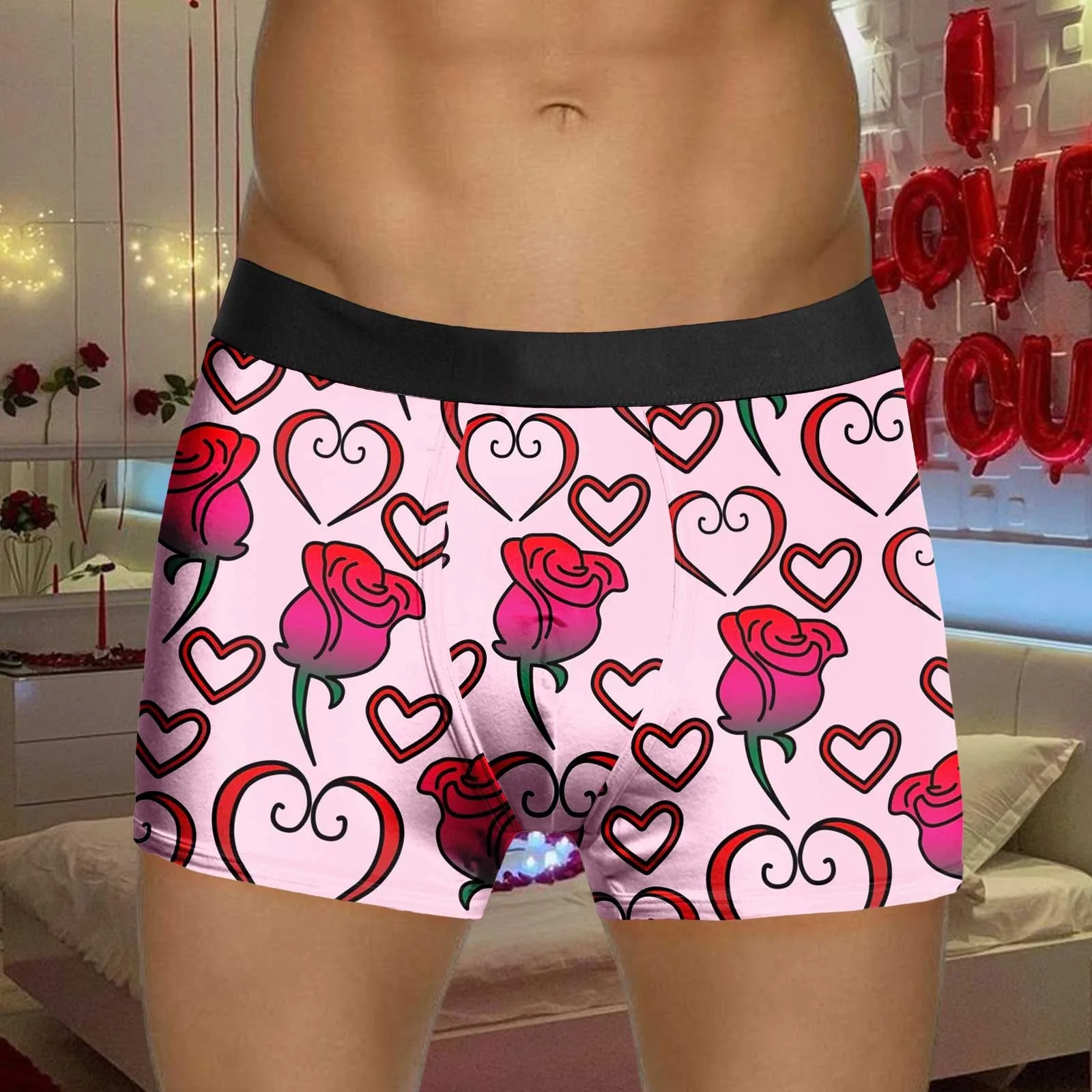 Mens Youth Cute Boxershorts Fashion Valentines Day Heart Print Underwear Low Waist High Elastic Panties Leisure Home Sleepwear