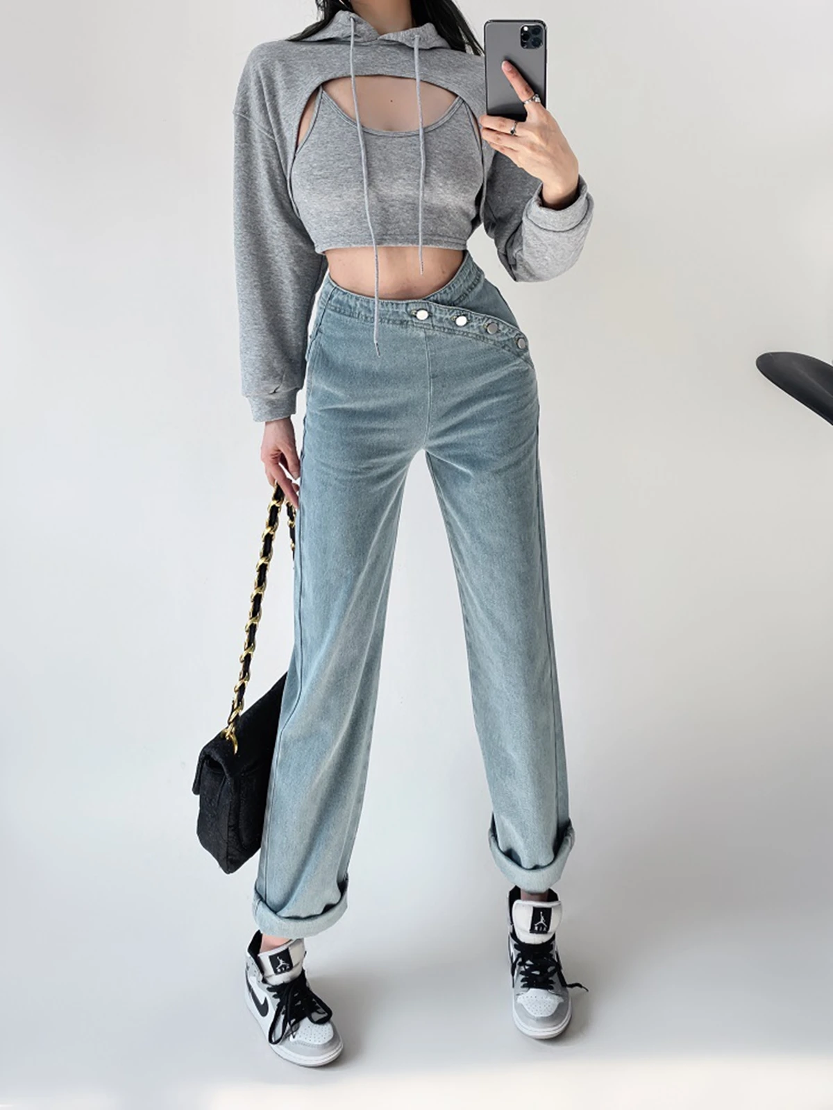 Slanted Buckle Waist Design Personality Casual Straight Jeans Women's Spring New Fashion Style Trousers