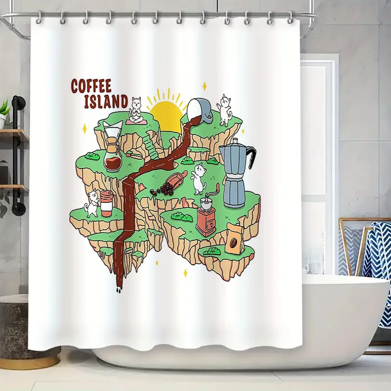 

Coffee Island Cat Shower Curtain Cute Animal Cafe Decor Bathroom Set Vintage Aesthetic Home Decor Wall Art Gift