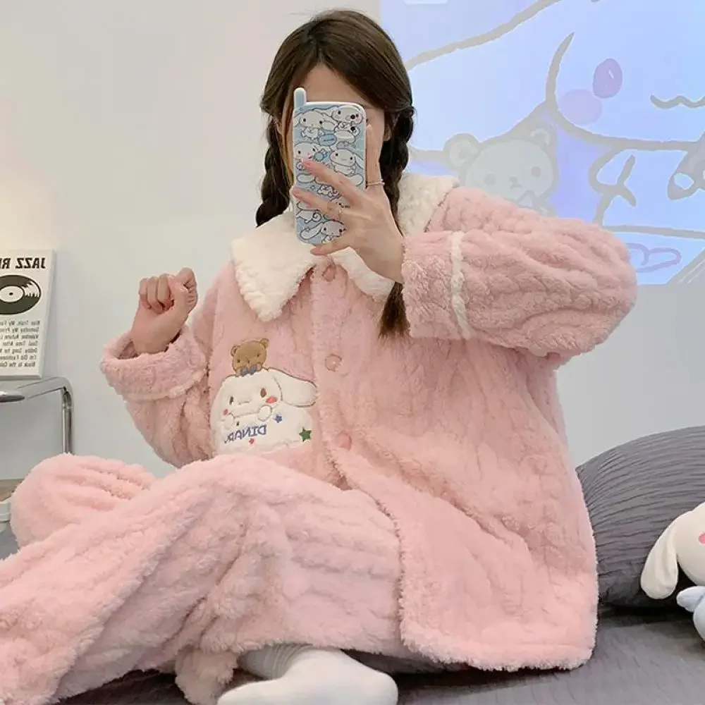 Kawaii Sanrioed Cinnamoroll Women\'s Pajama Set Anime Cute Coral Velvet Long Sleeve Thicken Warm Nightwear Autumn Winter Homewear