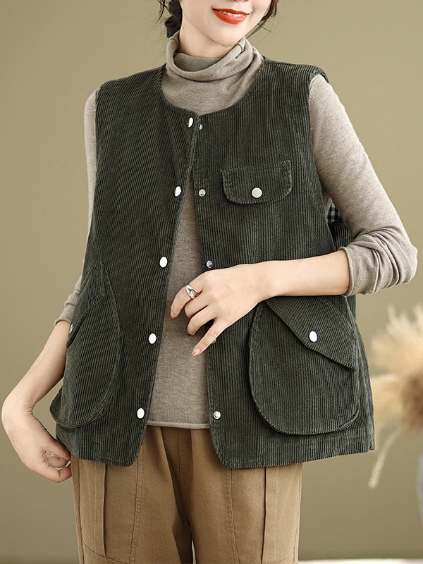

Retro Corduroy Vest Jaet Women Casual 3D Large ket Color round Ne Vest Comfortable Fit Regular Length Single Button