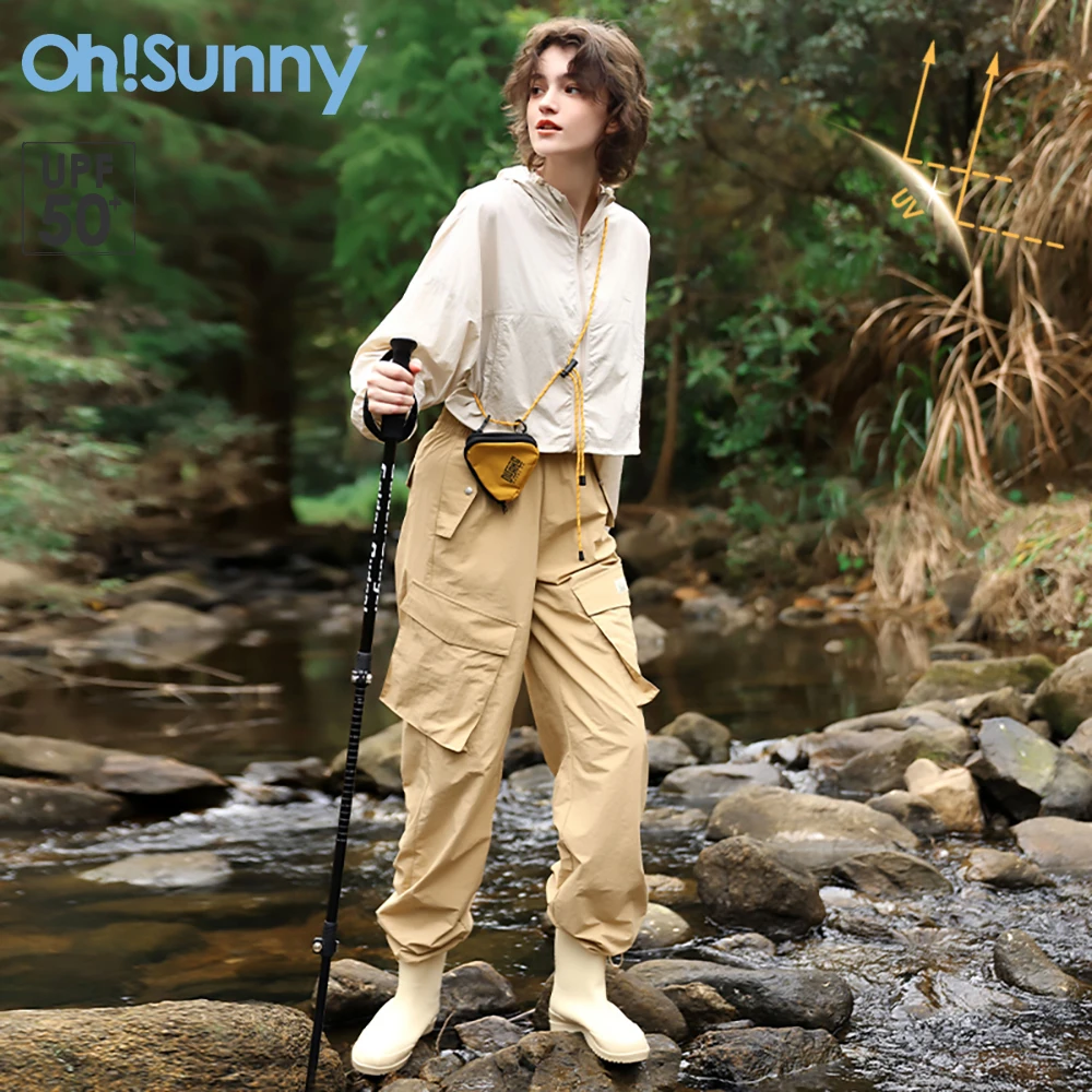 

OhSunny Women Cargo Pants 2024 Spring Summer New Fashion Paper Feeling Fabric UV Protection Trousers UPF50+ for Outdooor Hiking