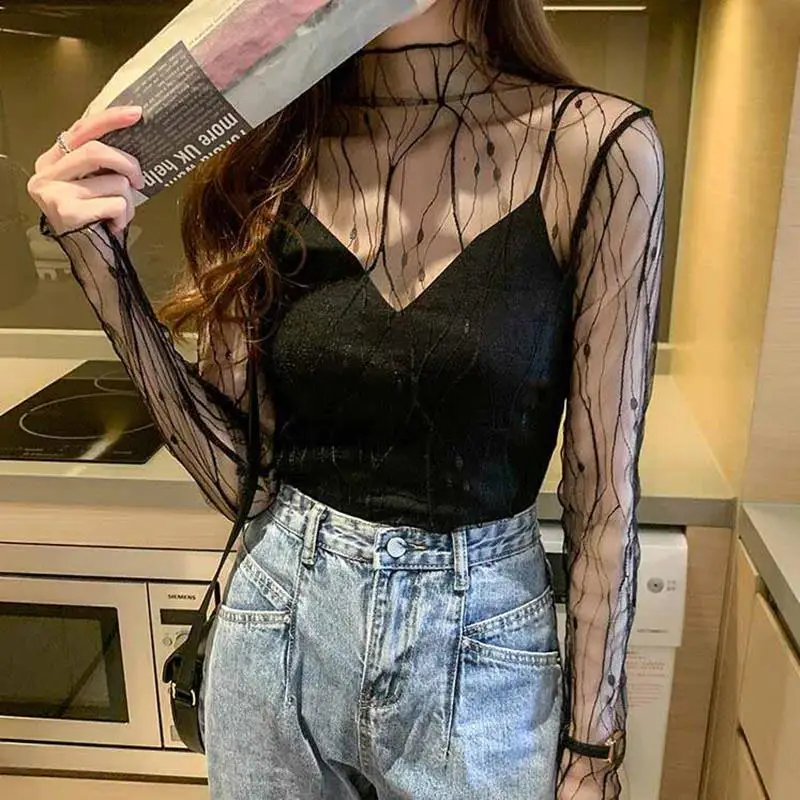 Sexy Mesh Women's T-Shirt Summer Fashion Thin Bottom Shirt Lace Sheer Long Sleeve Blouses Ladies Tops High Neck Tee Solid Color