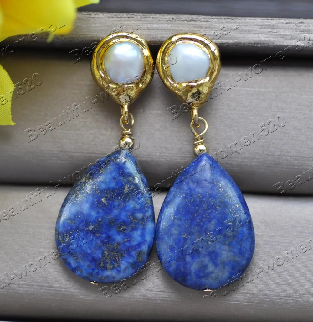 

MTC·STAR Z12083 25mm Blue Lapis Lazuli Drop Coin Gold plated Pearl Dangle Earring