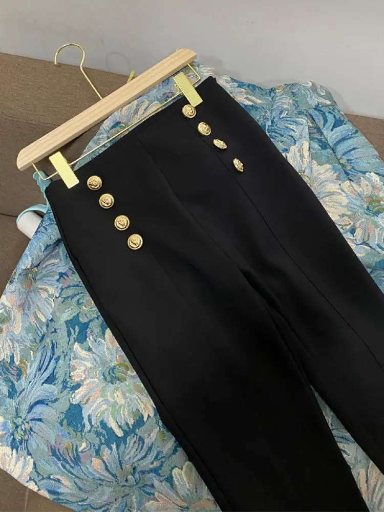 

Elastic Slim Fit Pants Double Buttoned Suit Trousers High Waist Long Pants Versatile Workwear Pants Faionable Busin Pants