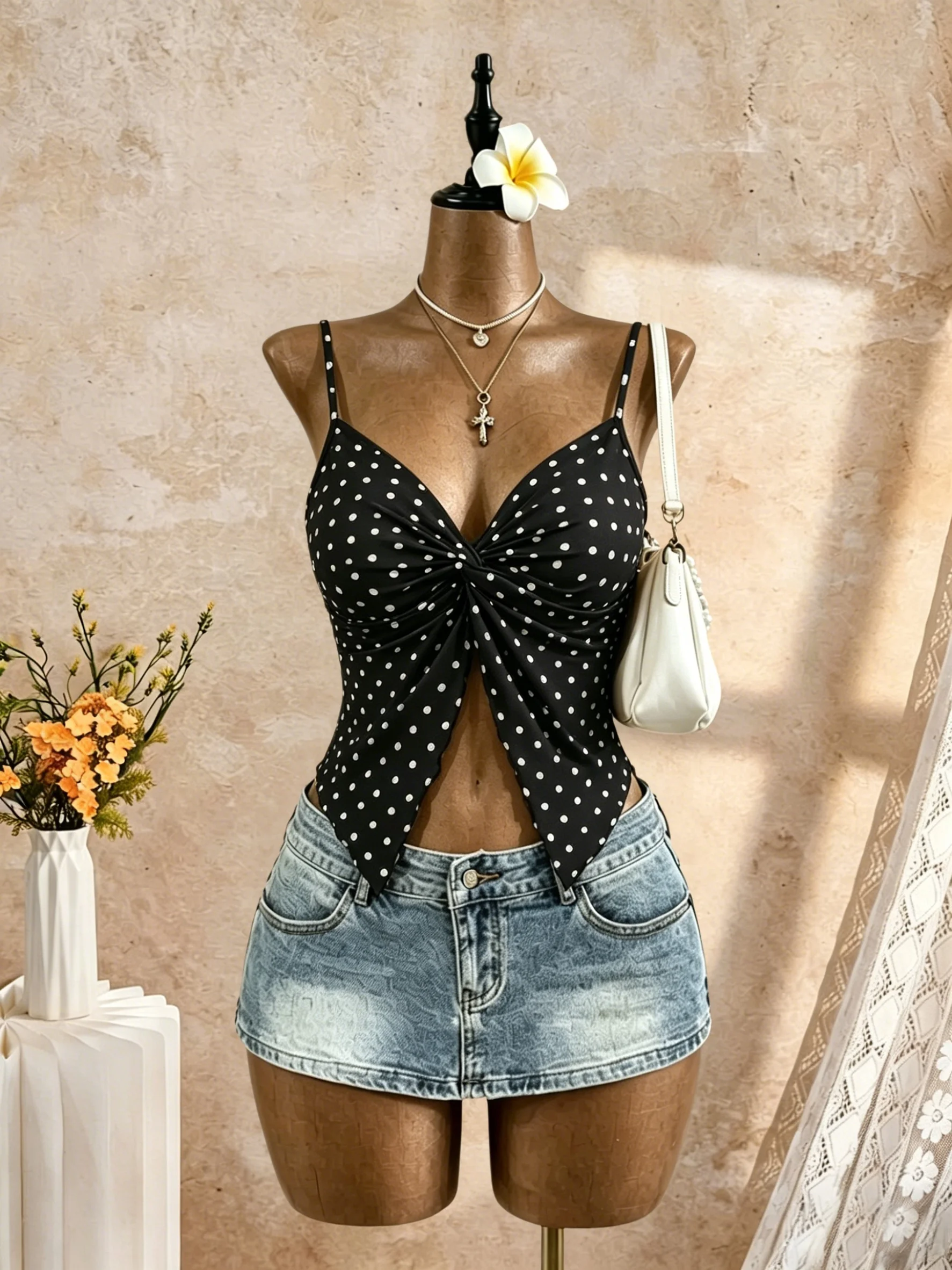 Damen Spaghetti-Träger V-Ausschnitt Twist-Front Cut-Out Rüschen Unregelmäßiger Saum Slim Fit Crop Cami Top 2026 Sommer Y2K Einfarbig Weiß Ärmellos – Detail 2