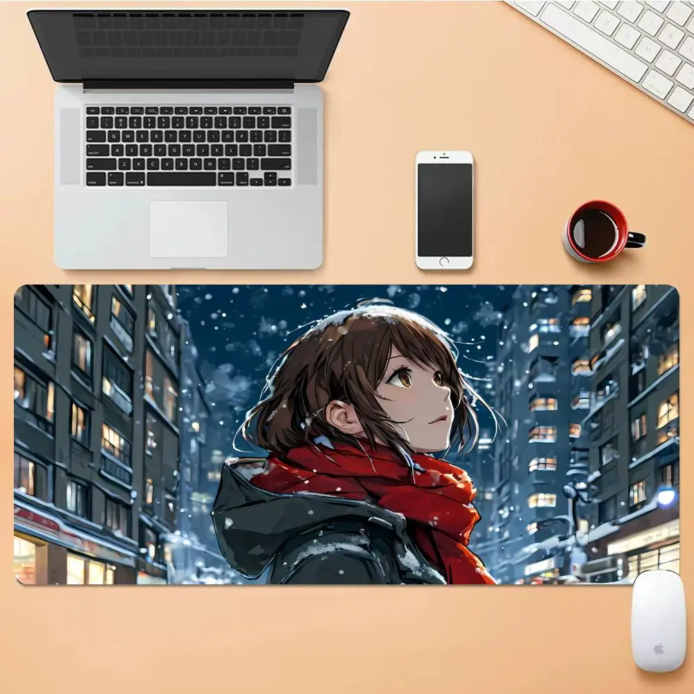 

Winter Snow Scenes And Young Girl Mouse Pad Desk Mouse Pad Cute HD Desk Pad Extended Gaming Keyboard Mats Large Gamer Mousepad