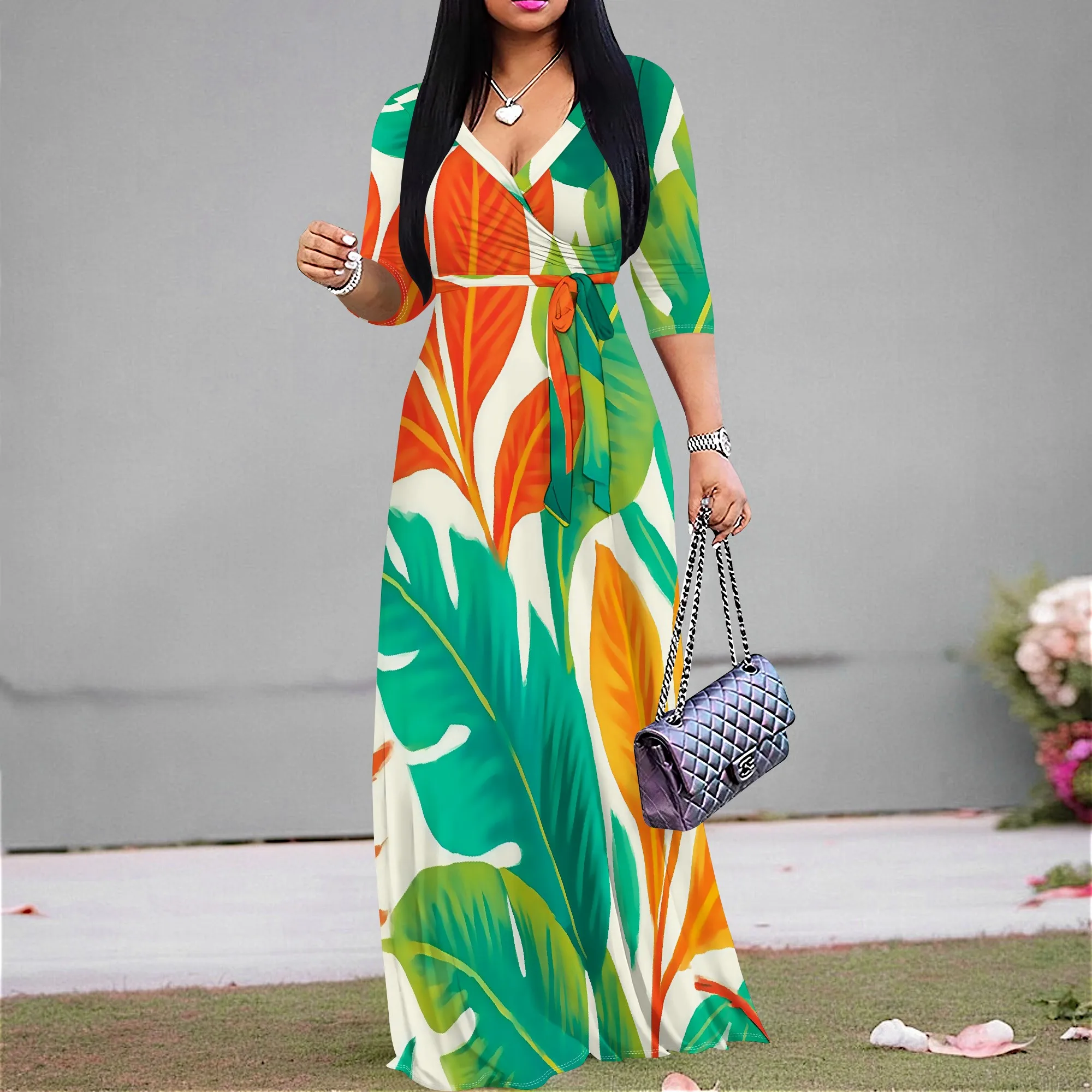 

Tropical Leaf Print Maxi Dress S-3XL V-Neck Belted 1/2 Sleeve Style for Beach Vacation, Island Party or Summer Cruise Look