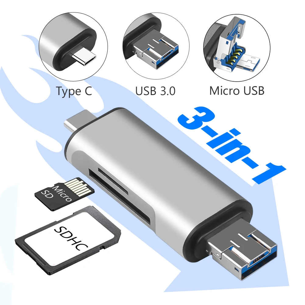 

Type C/Micro USB/USB 3.0 in 1 OTG Card Reader High-speed USB3.0 Memory Card Reader for Android Phone Computer Card Reader