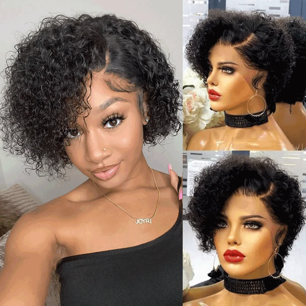 Curto Bob Curly Pixie Corte Peruca, Perucas de Cabelo Humano, Renda Transparente, Águas Profundas, Pré Arrancadas, HD, 13x1