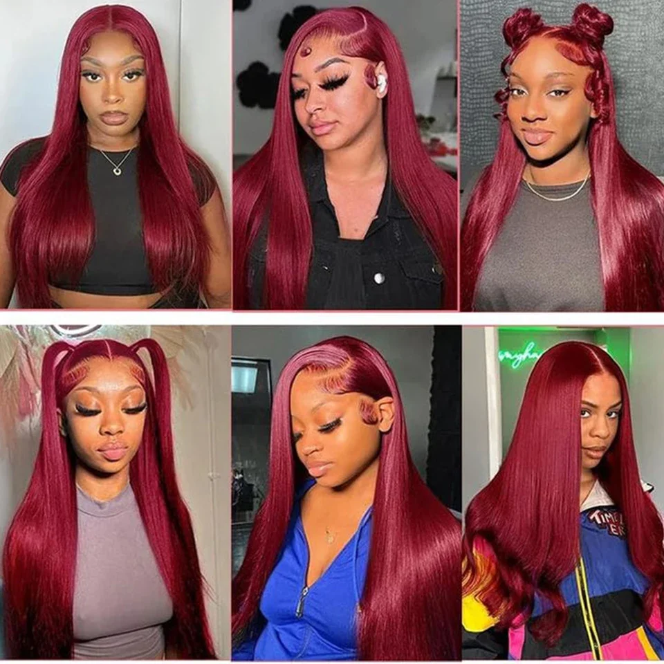 99J Red Lace Front Human Hair Wigs Colored Straight Burgundy 13x4 13x6 Transparent Lace Frontal Closure Wig  Wigs For Women