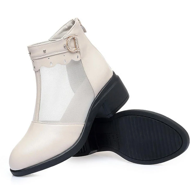 Couro genuíno Roman Organza Ankle Boots para mulheres, sandálias respiráveis, sapatos de malha, alta qualidade, mãe, verão, novo, legal, 2024