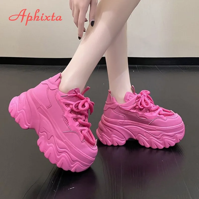 

Aphixta 8.5CM Chunky Heel Woman Sneaker Lace Up Rose Red Fashion Spring Autumn Shoes for Woman Mesh Breathable Upper Sneaker