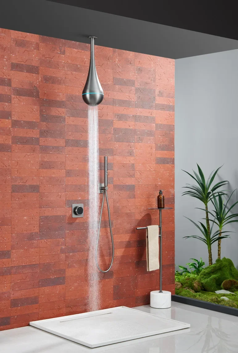 Brushed gold concealed water drop hanging spray hidden into wall shower all copper shower