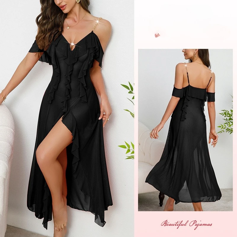Cross-border Multi-style Sexy Nightgown Women' Lace Mesh Deep V Suspender Split Print Pajamas Loungewear Comfort Smooth and Soft
