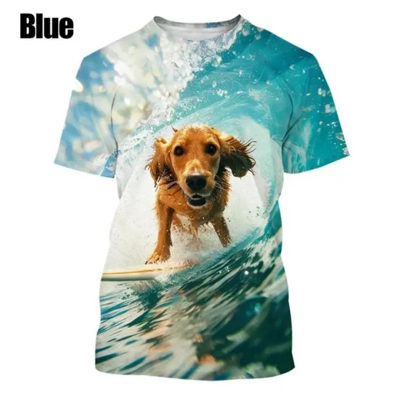 

Funny Surfing Dog Pattern T-shirts Summer Fashion Cute Animals 3D Printed T Shirts Trend Casual Oversized Mens Kids Tees Tops