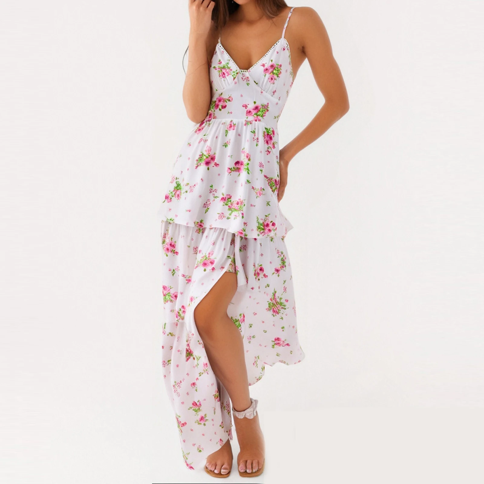 New Women Floral Cami Dress V Neck Spaghetti Strap Open Back Cross Tie A-Line Split Layered Ruffled Long Dress Club Street Style