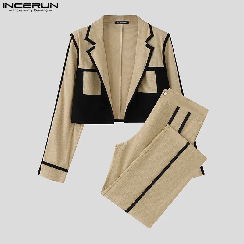 

INCERUN Men Sets Corduroy Patchwork Lapel Long Sleeve Crop Jackets & Pants Two Pieces Sets Streetwear 2026 Fashion Men's Suits